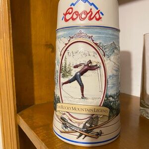 Coors Ceramic Skiing Beer Stein - Cream and Red - 80451